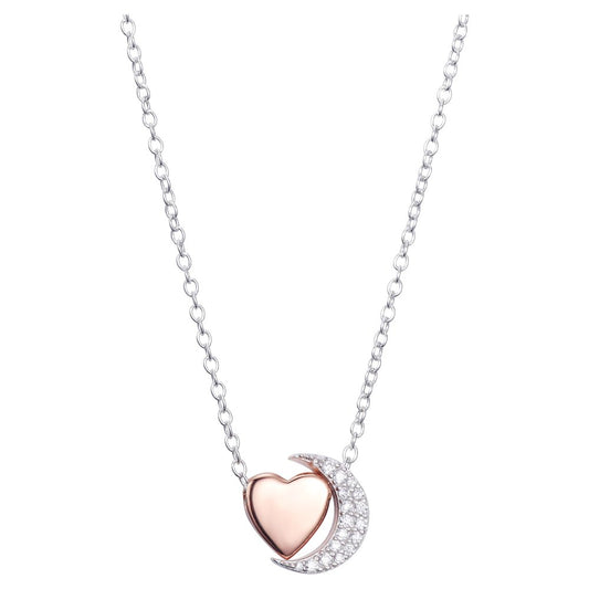 18" Crescent Moon & Heart Pendant Necklace Silver