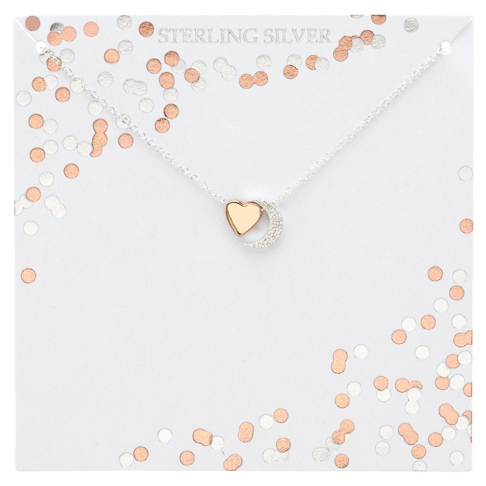 18" Crescent Moon & Heart Pendant Necklace Silver