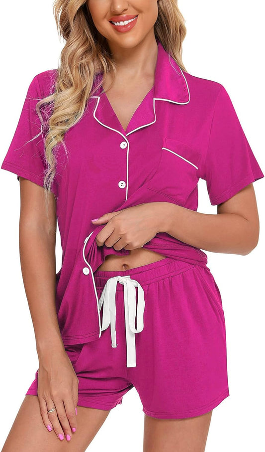 Womens Pajamas Set Short Sleeve Sleepwear Button down Nightwear Shorts Soft Pj Sets S-XXL