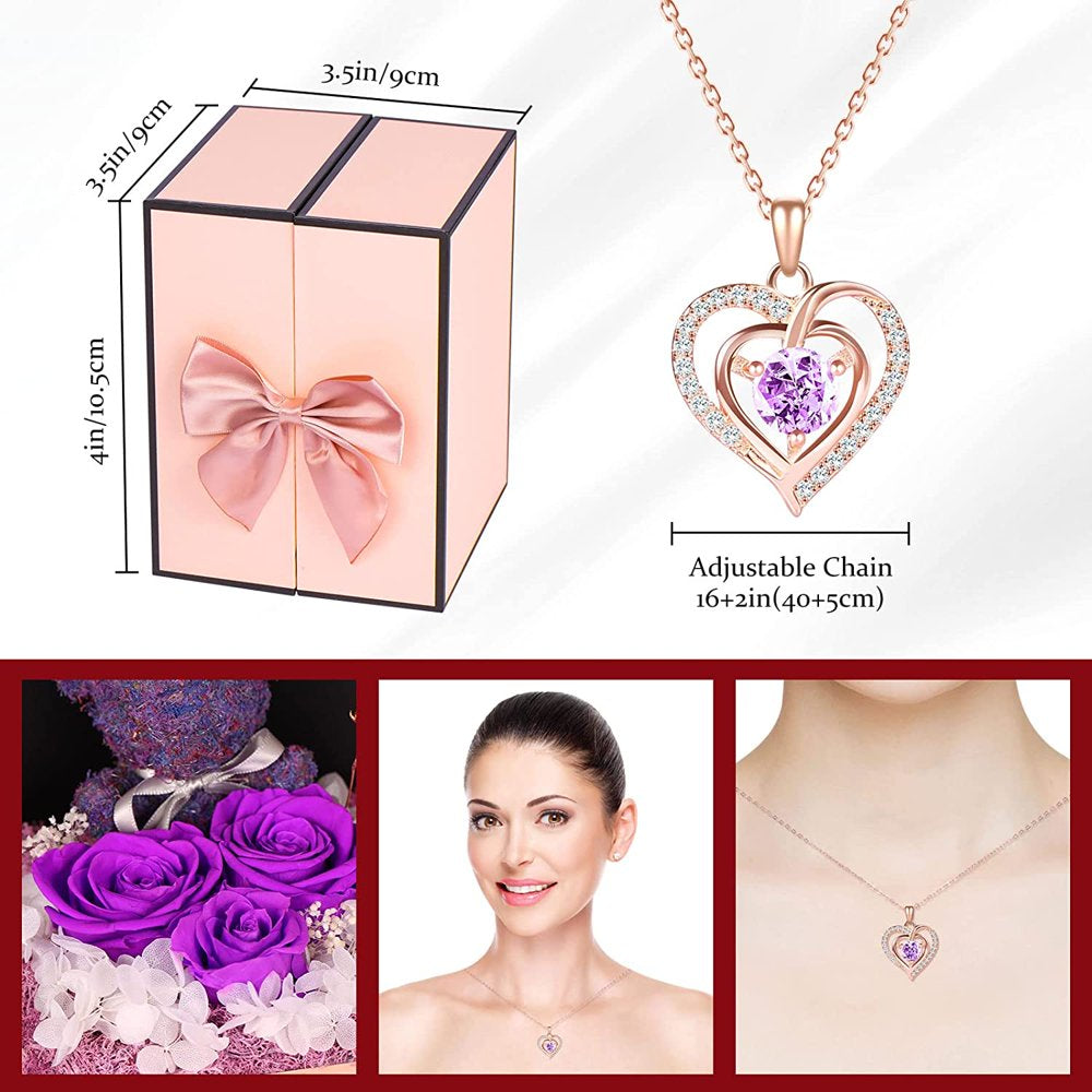 Preserved Rose Gifts Set Includes 925 Sterling Silver Necklace with Double Heart Jewelry Design