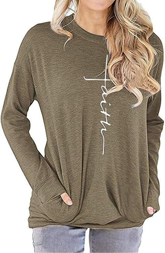 "Women's Printed Round Neck Sweatshirt with Pocket - Casual T-Shirt Blouse"