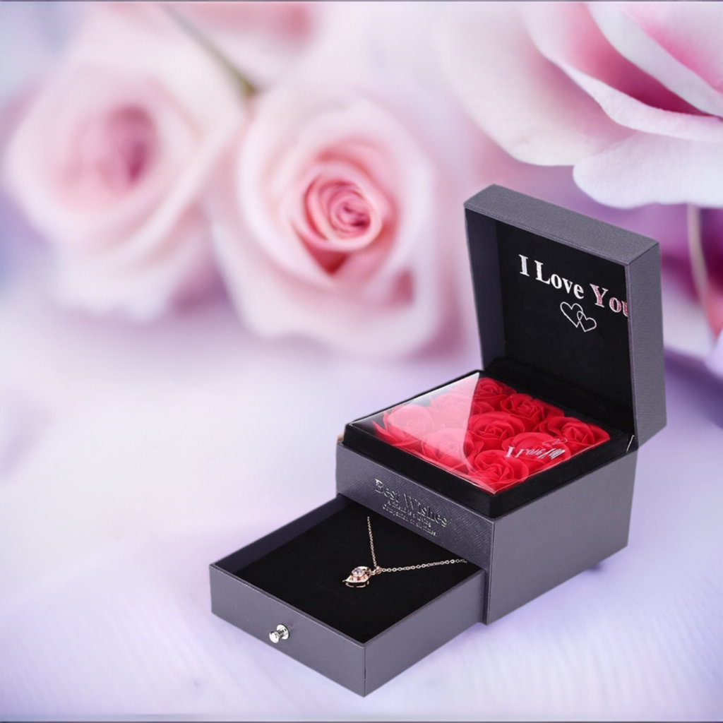 Preserved Red Rose Gift Box with Necklaces Romantic Accessories Valentines Mom