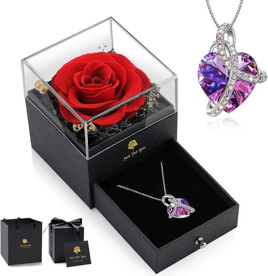 Women Gifts Ideas for Valentines Day, Preserved Forever Rose Gift with Necklace*