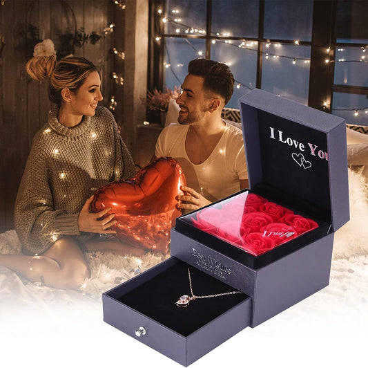 Preserved Red Rose Gift Box with Necklaces Romantic Accessories Valentines Mom