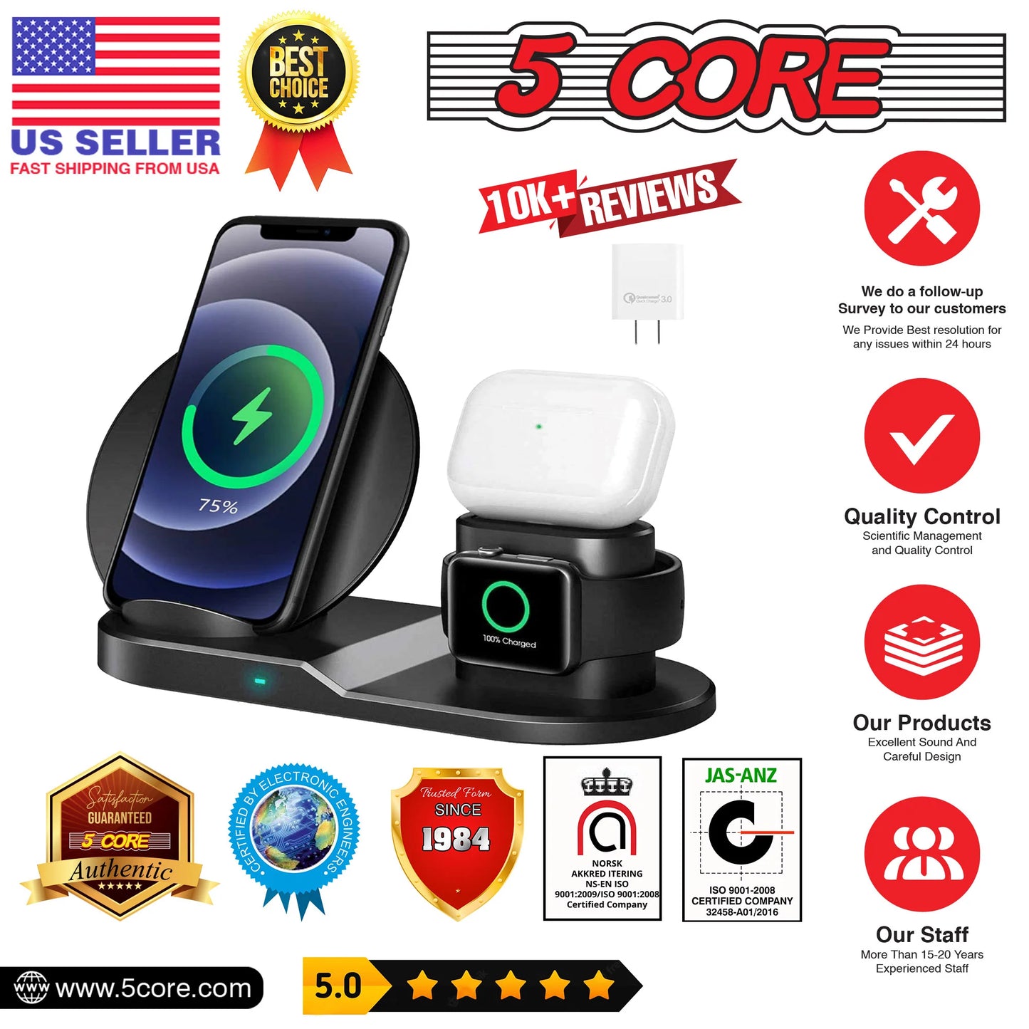 "5 Core 3-in-1 Wireless Charging Station with Dual Coil for Samsung, iPhone, Apple Watch, and AirPods - Fast Qi Wireless Charger Stand - Model WCR 3"
