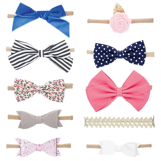 "The Essentials Set": Headbands and Baby Bows - Assorted 10 Pack of Hair Accessories for Baby - Girls