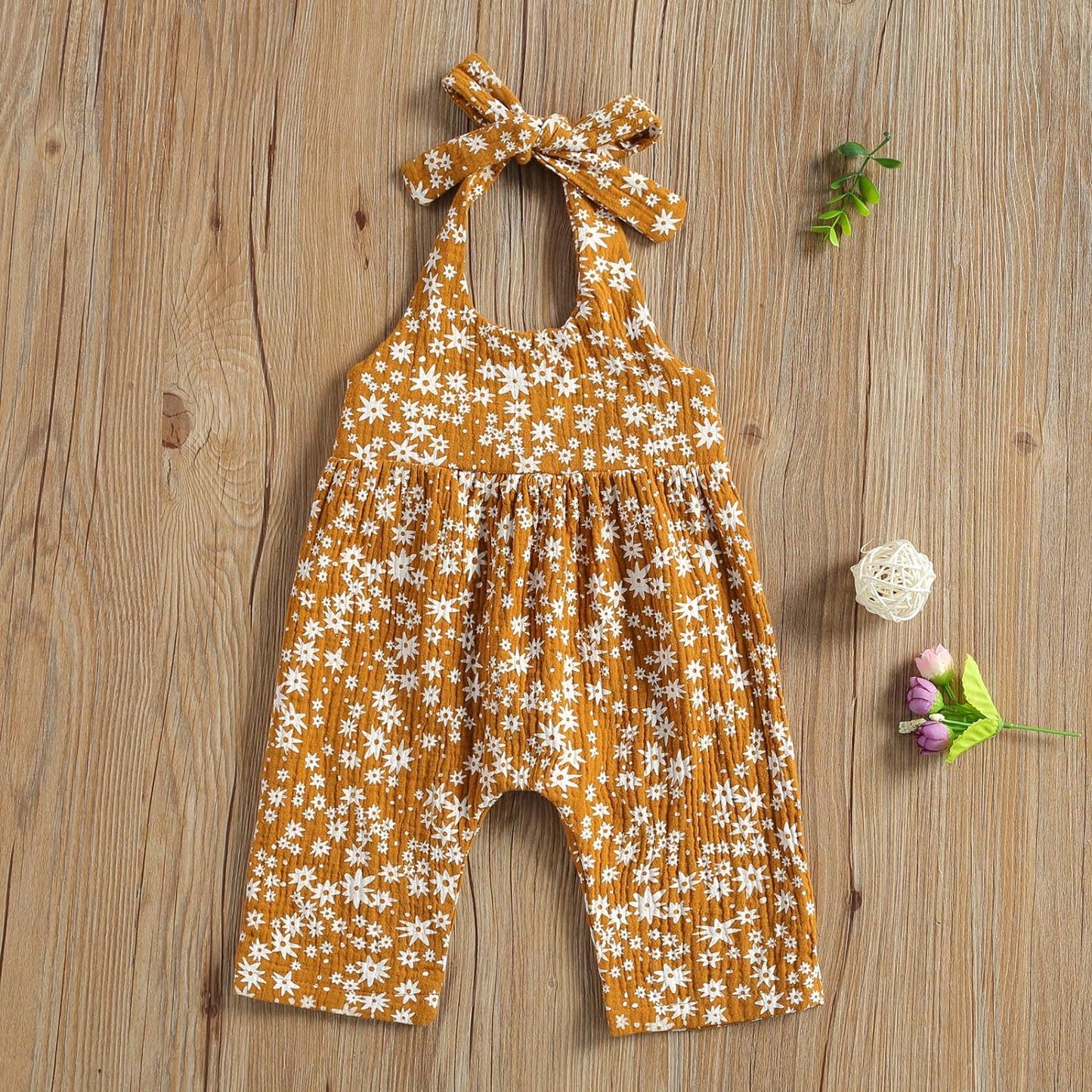Infant Summer Clothes: Professional Daisy Print Halter Romper Set with Bodysuit, Headband, and Floral Jumpsuit for Baby Girls