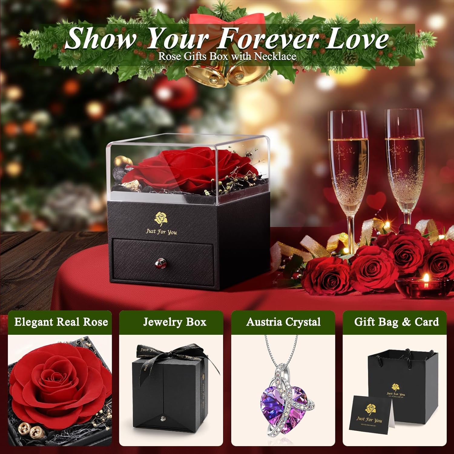 Women Gifts Ideas for Valentines Day, Preserved Forever Rose Gift with Necklace*